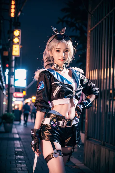 best quality, masterpiece, photorealistic, 1girl, solo, standing, cowboy shot, looking at viewer, bangs, hair between eyes, silverwolf cosplay costume, cosplay, silverwolf, white hair, drill hair, hair bow, eyewear on head, hair ornament, jacket, shorts, b...