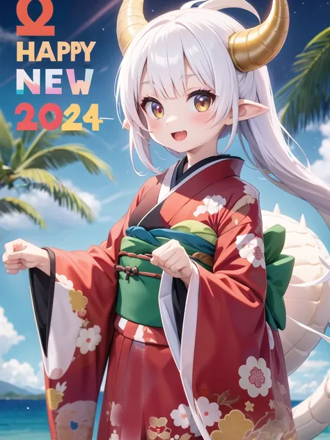 happy new year postcard, a dragon girl, kimono, upper body, horns, tail, white dragon, pointing both hand, (insert 2024)