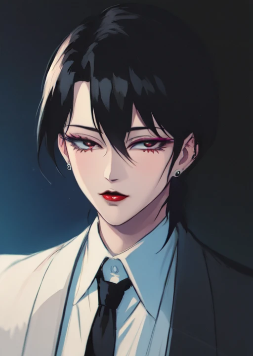 <lora:makie:1> makie, 1girl, solo, black hair, jewelry, earrings, makeup, lipstick, stud earrings, portrait, looking at viewer, short hair, shirt, necktie, formal, suit, red lips, (masterpiece, best quality:1.2), award winning, masterpiece, vibrant, volume...
