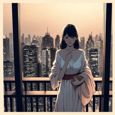 1girl,  A woman stands on the edge of her balcony, looking out at twinkling city lights below as she holds onto tightly wrapped arms with both hands while clutching something precious close against herself - perhaps its an old photo or a memento from someo...