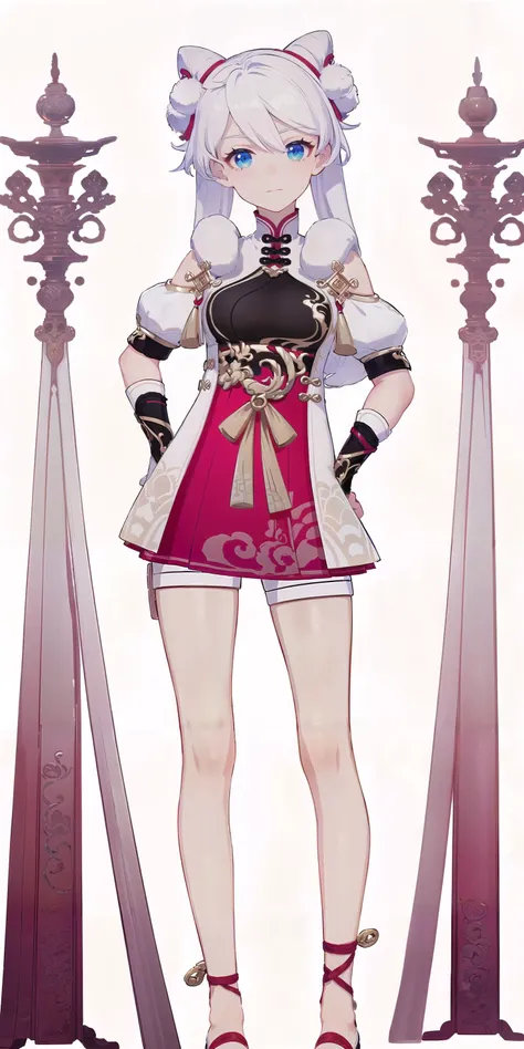 8k, best quality, masterpiece, (ultra-detailed:1.1), (high detailed skin), 
(full body:1.2), white background, standing, looking at viewer, (solo:1.4), hand on hip, 
<lora:xuetu-yz-v100:0.8:lbw=OUTALL>, xuetu, blue eyes, white hair, chinese clothes, double...