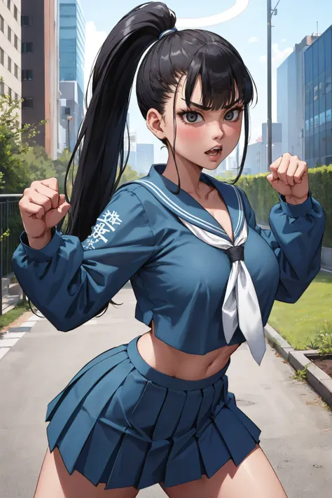 masterpiece, best quality,  <lora:smgsukeban-nvwls-v1-000009:0.8> smgsukeban, ponytail, halo, blue serafuku, long sleeves, midriff, blue skirt, large breasts, outdoors, clenched teeth, furrowed brow, fists, fighting stance, looking at viewer