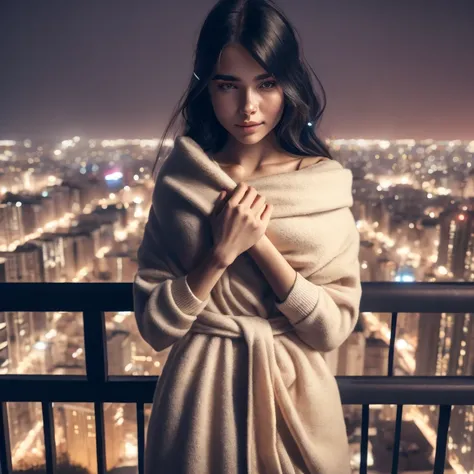 1girl,  A woman stands on the edge of her balcony, looking out at twinkling city lights below as she holds onto tightly wrapped arms with both hands while clutching something precious close against herself - perhaps its an old photo or a memento from someo...