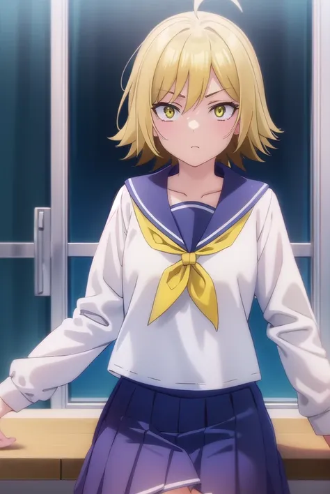 uraraurakata, <lora:urara urakata s1-lora-nochekaiser:1>,
urara urakata, short hair, blonde hair, ahoge, (yellow eyes:1.5),
BREAK skirt, school uniform, ahoge, pleated skirt, shoes, serafuku, socks, blue skirt, neckerchief, white socks,
BREAK indoors, clas...