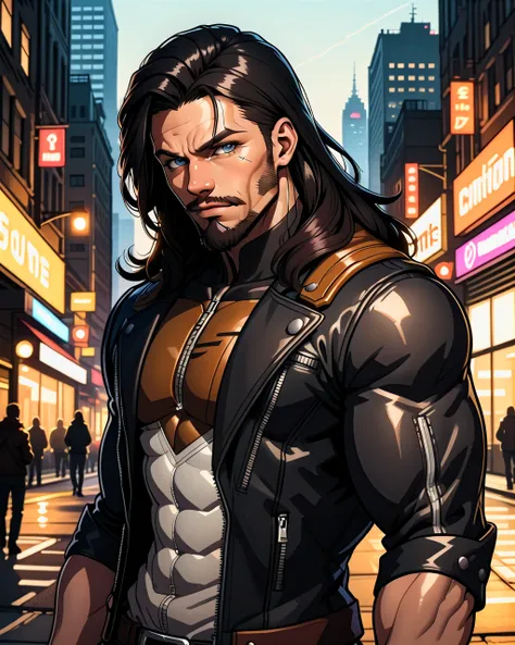 1boy, male focus, muscular male, facial hair, long beard, black hair, leather jacket, city background