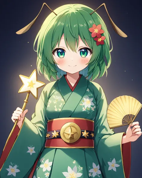 wriggle nightbug, solo, 1girl, layered_clothes, smile, antennae, blush, alternate_costume, hand_fan, closed_mouth, green_kimono, wide_sleeves, holding, long_sleeves, floral_print, flower, looking_at_viewer, sash
<lora:wriggle_nightbug_image3698_2023-12-11-...