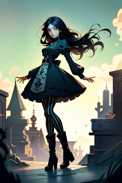 ((ultra detailed, masterpiece, best quality))
<lora:AliceMadness:0.8>
AliceMadness, 1girl, solo, long hair, black hair, green eyes, striped pantyhose, boots, blue dress