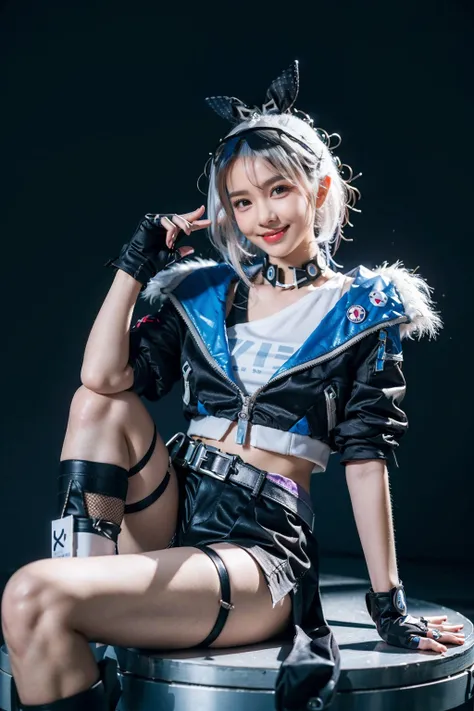 best quality, masterpiece, photorealistic, 1girl, solo, sitting, arms at side, full body, looking at viewer, smile, closed mouth, bangs, hair between eyes, silverwolf cosplay costume, cosplay, silverwolf, white hair, drill hair, hair bow, eyewear on head, ...