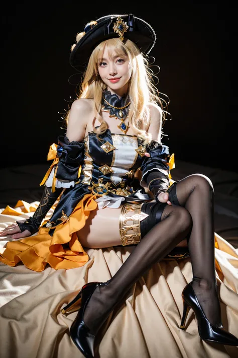 best quality, masterpiece, photorealistic, 1girl, solo, sitting, full body, looking at viewer, closed mouth, smile, navia cosplay costume, navia, cosplay, blonde hair, hat, headwear, dress, detached sleeves, bare shoulders, single glove, thighhighs, print ...