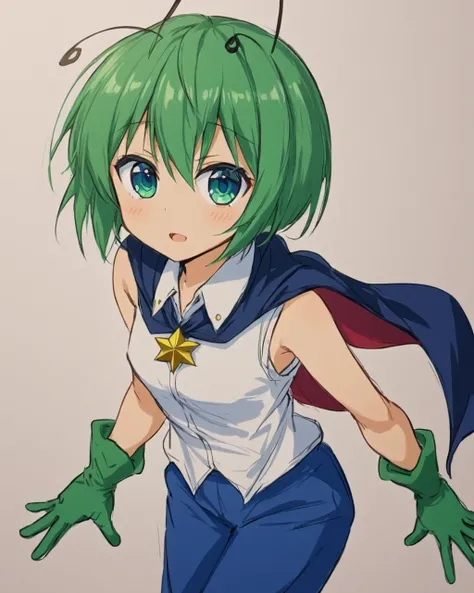 wriggle nightbug, solo, cape, antennae, pants, 1girl, sketch, open_mouth, looking_at_viewer, sleeveless_shirt, alternate_costume, green_gloves
<lora:wriggle_nightbug_image3698_2023-12-11-000006:1>,star-shaped_pupils,symbol-shaped_pupils,. gorgeous,key visu...