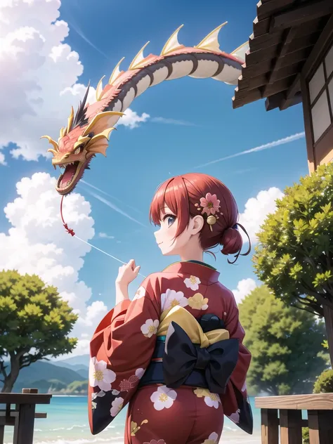view from back below, a girl, kimono, upper body, holding a thread from dragon, look up long body dragon in sky
<lora:kite-001_0.8:0.5>