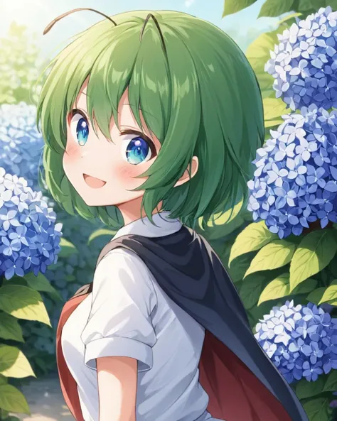 wriggle nightbug,1girl, antennae, solo, white_shirt, open_mouth, looking_at_viewer, black_cape, smile, upper_body, short_sleeves, hydrangea, blush, outdoors, looking_back, blurry, two-sided_cape, blue_flower, red_cape
<lora:wriggle_nightbug_image3698_2023-...