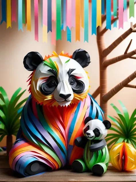a panda made of ral-paperstreamer, sitting in a cozy litte corner in the zoo with a baby panda made of ral-paperstreamer <lora:ral-paperstreamer:1>