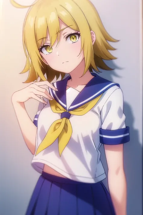 uraraurakata, <lora:urara urakata s1-lora-nochekaiser:1>,
urara urakata, short hair, blonde hair, ahoge, (yellow eyes:1.5),
BREAK skirt, school uniform, ahoge, pleated skirt, shoes, serafuku, socks, blue skirt, neckerchief, white socks,
BREAK indoors, clas...