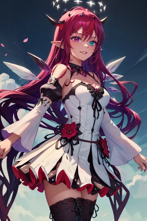 masterpiece, best quality, absurdres, IrysBase, heterochromia, long hair, double halo, detached wings, white dress, detached sleeves, bare shoulders, flower, purple thighhighs, smile, <lora:CHAR-IRySv2:1>