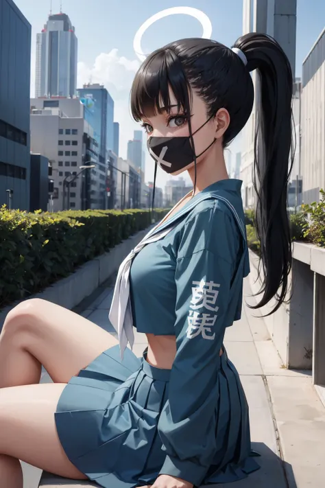 masterpiece, best quality,  <lora:smgsukeban-nvwls-v1-000009:0.9> smgsukeban, ponytail, halo, mouth mask, blue serafuku, blue shirt, long sleeves, white neckkerchief, midriff, blue skirt, large breasts, looking at viewer, sky, sitting, from side, cityscape