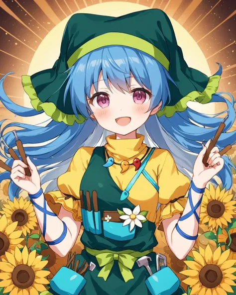 haniyasushin keiki,1girl, solo, open_mouth, yellow_dress, sunflower, magatama_necklace, green_headwear, smile, blush, green_apron, pocket, head_scarf, looking_at_viewer, upper_body, arm_ribbon, tools, blue_ribbon, hands_up, puffy_short_sleeves, teeth, whit...