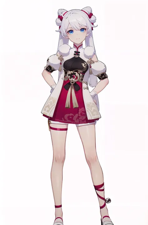 8k, best quality, masterpiece, (ultra-detailed:1.1), (high detailed skin),
(full body:1.2), white background, standing, looking at viewer, (solo:1.4), hand on hip,
<lora:xuetu-yz-v100:0.8:lbw=OUTALL>, xuetu, blue eyes, white hair, chinese clothes, double...