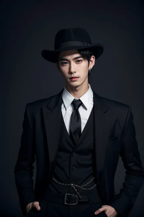 sd mai, Suit thug, solo, 1boy, male focus, hat, shirt, necktie, jewelry, earrings, formal, looking at viewer, collared shirt, black headwear, jacket, white shirt, suit, black jacket, black vest, vest, hands in pockets, black necktie, black hair, black back...