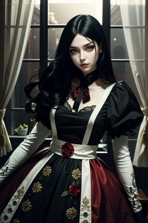 ((ultra detailed, masterpiece, best quality))
<lora:AliceMadness:0.8>
AliceMadness, 1girl, solo, long hair, black hair, green eyes, red dress, black lace