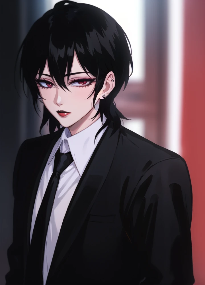 <lora:makie:1> makie, 1girl, solo, black hair, jewelry, earrings, makeup, lipstick, stud earrings, looking at viewer, short hair, shirt, black jacket, necktie, formal, suit, red lips, (masterpiece, best quality:1.2), award winning, masterpiece, vibrant, vo...