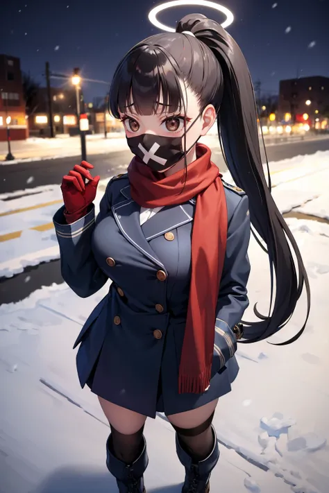 masterpiece, best quality,  <lora:smgsukeban-nvwls-v1-000009:0.8> smgsukeban, ponytail, halo, mouth mask, red scarf, peacoat, boots, large breasts, winter, snow, street, night, standing