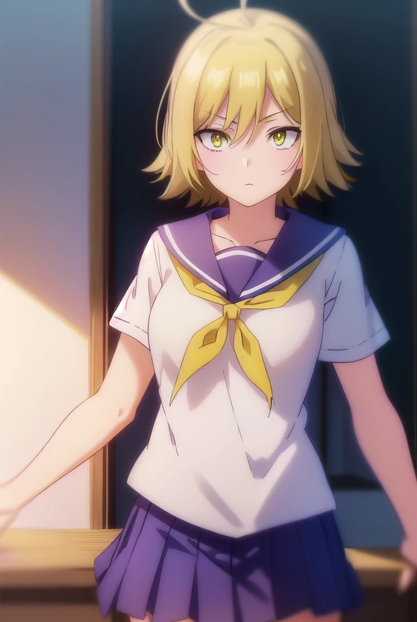 uraraurakata, <lora:urara urakata s1-lora-nochekaiser:1>,
urara urakata, short hair, blonde hair, ahoge, (yellow eyes:1.5),
BREAK skirt, school uniform, ahoge, pleated skirt, shoes, serafuku, socks, blue skirt, neckerchief, white socks,
BREAK indoors, clas...