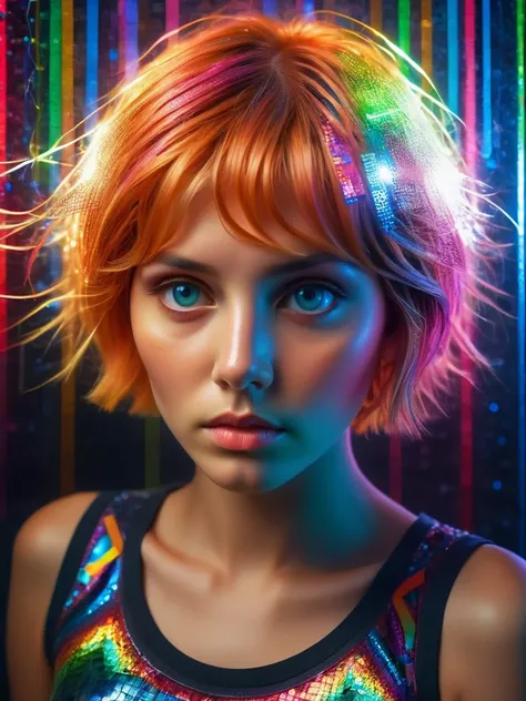 analog photo, dark shot, low key, action, (a intelligent afghan girl, 20 years old:1.1), strawberry blonde pixie bob hair, huge tits, fit, reflections on the wall background, abstraction atmosphere, (prismatic, holographic:1.2), sparkles, neon pixels, (neo...