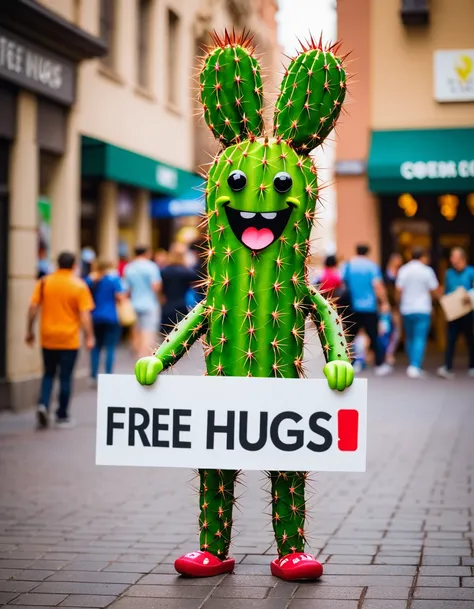 a cactus character holding a sign that says free hugs, standing on a bustling pedestrian street