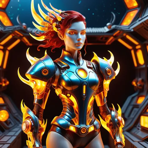 hyper detailed masterpiece, dynamic, awesome quality,DonMF1r3XL firey female aerospace engineer, biomechanical being- harmoniously blend mechanical and organic elements, adorned with glowing circuitry, midlife, sculpted, inuit, dark brown eyes,  snub nose,...