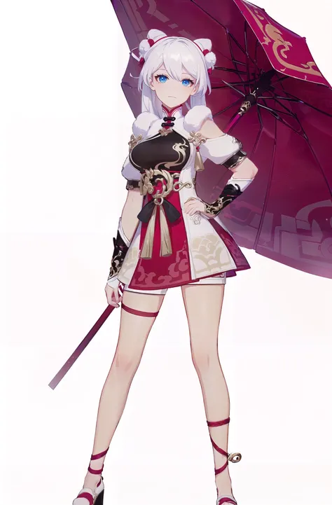 8k, best quality, masterpiece, (ultra-detailed:1.1), (high detailed skin), 
(full body:1.2), white background, standing, looking at viewer, (solo:1.4), hand on hip, 
<lora:xuetu-yz-v100:0.8:lbw=OUTALL>, xuetu, blue eyes, white hair, chinese clothes, double...