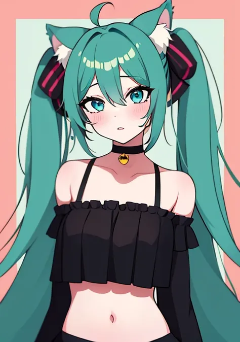 <lora:miku:0.8>, hatsune_miku, 1girl, solo, long hair, looking at viewer, blush, bangs, skirt, long sleeves, navel, animal ears, hair between eyes, bare shoulders, twintails, very long hair, heart, cowboy shot, pleated skirt, frills, parted lips, detached ...