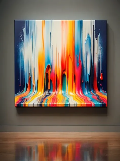 Create a piece of contemporary art on canvas, styled to embody the essence of modern aesthetics. This artwork should be captured as a professional photograph, showcasing the texture, depth, and color palette of the canvas in striking detail.
The compositio...