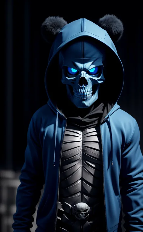 a skeleton with blue eyes, a 3D render by Pu Hua, trending on deviantart, hoodie, sans from undertale, sans undertale, sans