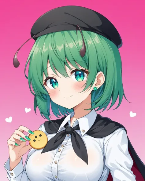 wriggle nightbug,1girl, solo, white_shirt, antennae, upper_body, smile, looking_at_viewer, blush, long_sleeves, collared_shirt, breasts, closed_mouth, white_background, heart, black_cape, gradient_background, buttons, nail_polish, simple_background, holdin...