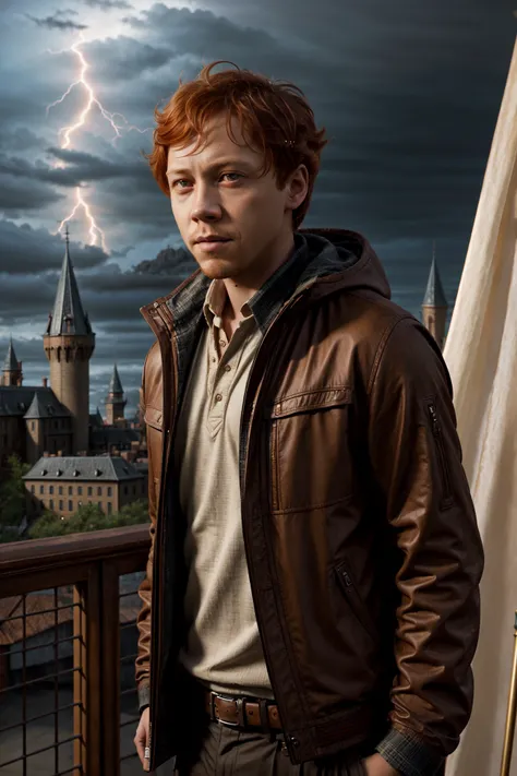 (RWRG, a good looking man, a male, a boy, short ginger hair:1.2), painting by Boris Vallejo, a amazing view to Hogwarts as background, Lightning and rays from dark clouds, Twilight mood, 8K, close-up, detailed, hdr, epic background, line art, digital illus...