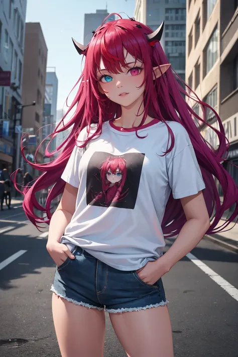 masterpiece, best quality, absurdres, IrysHolo, heterochromia, long hair, t-shirt, denim shorts, standing, outdoors, city, hands in pockets, <lora:CHAR-IRySv2:0.9>
