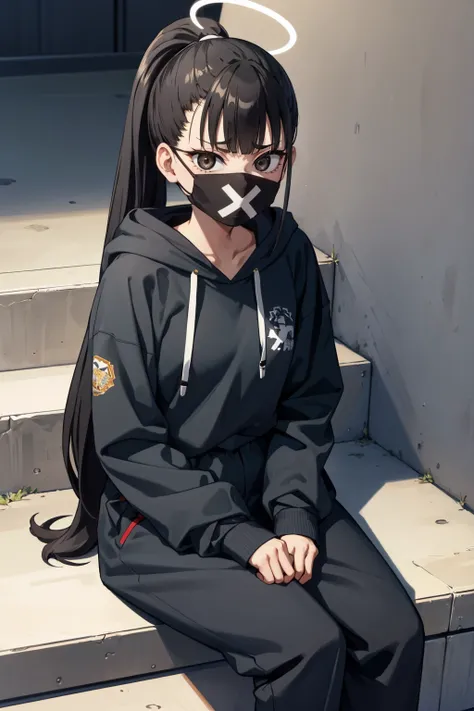 masterpiece, best quality,  <lora:smgsukeban-nvwls-v1-000009:0.8> smgsukeban, ponytail, halo, mouth mask, black hoodie, sweatpants, sitting, stairs, looking at viewer, furrowed brow
