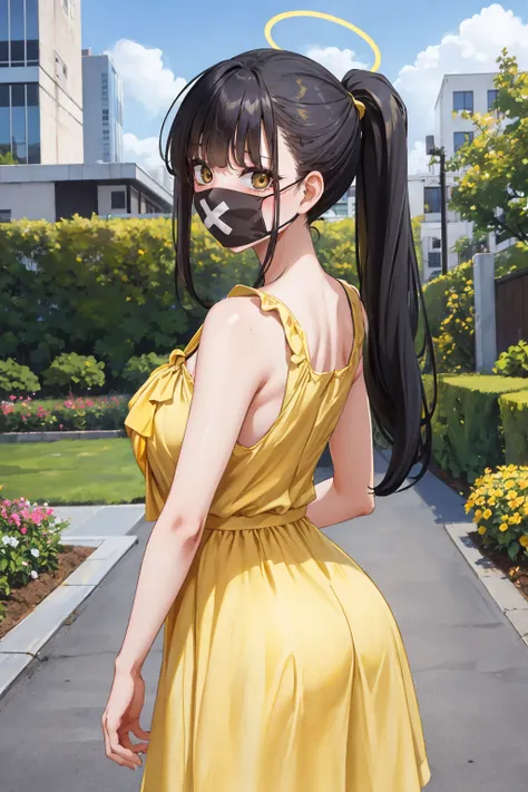 masterpiece, best quality, <lora:smgsukeban-nvwls-v1-000009:0.8> smgsukeban, ponytail, halo, mouth mask, (yellow sundress:1.4), from behind, garden, large breasts, blush