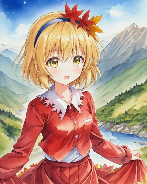 aki shizuha,1girl, solo, traditional_media, leaf_hair_ornament, long_sleeves, open_mouth, painting_(medium), looking_at_viewer, hairband, skirt_set, watercolor_(medium), blue_sky, red_shirt, mountain, leaf, medium_breasts, outdoors
<lora:aki_shizuha_image1...