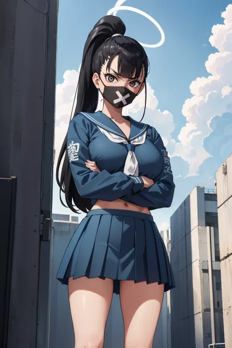 masterpiece, best quality,  <lora:smgsukeban-nvwls-v1-000009:0.9> smgsukeban, ponytail, halo, mouth mask, blue serafuku, blue shirt, long sleeves, white neckkerchief, midriff, blue skirt, large breasts, crossed arms, from below, furrowed brow, looking at v...