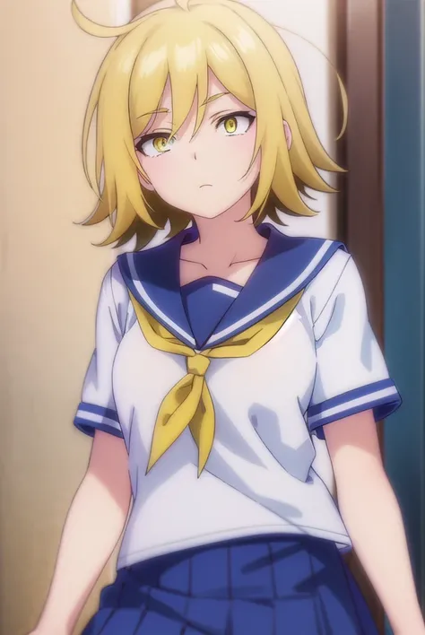 uraraurakata, <lora:urara urakata s1-lora-nochekaiser:1>,
urara urakata, short hair, blonde hair, ahoge, (yellow eyes:1.5),
BREAK skirt, school uniform, ahoge, pleated skirt, shoes, serafuku, socks, blue skirt, neckerchief, white socks,
BREAK indoors, clas...