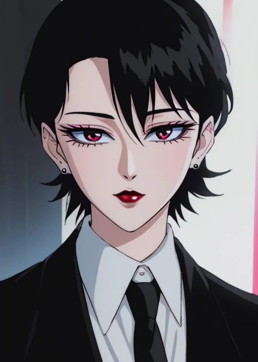 <lora:makie:1> makie, 1girl, solo, black hair, jewelry, earrings, makeup, lipstick, stud earrings, portrait, looking at viewer, short hair, shirt, necktie, formal, suit, red lips, (masterpiece, best quality:1.2), award winning, masterpiece, vibrant, volume...