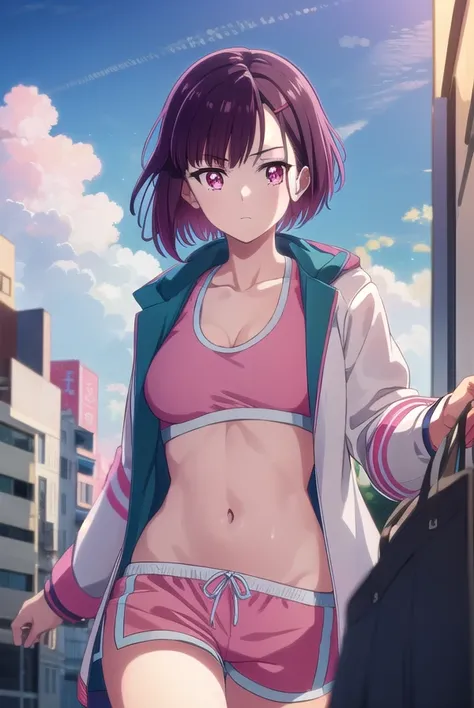 shizukamikazuki, <lora:shizuka mikazuki s1-lora-nochekaiser:1>,
shizuka mikazuki, short hair, purple hair, hair ornament, hairclip, (pink eyes:1.5), swept bangs,
BREAK navel, sports bra, sportswear, shorts, pink shorts,
BREAK outdoors, city, sky, sun, clou...