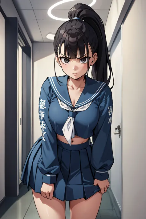masterpiece, best quality,  <lora:smgsukeban-nvwls-v1-000009:0.8> smgsukeban, ponytail, halo, blue serafuku, blue shirt, long sleeves, white neckkerchief, midriff, blue skirt, large breasts, looking at viewer, shirt pull, leaning forward, furrowed brow, an...