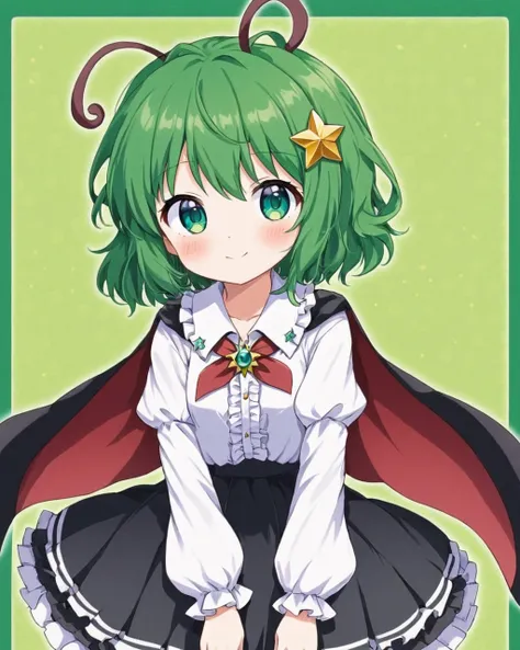 wriggle nightbug,1girl, solo, sample_watermark, traditional_media, marker_(medium), smile, brooch, closed_mouth, looking_at_viewer, cowboy_shot, frilled_skirt, antennae, white_shirt, black_skirt, frilled_shirt, green_background, long_sleeves, blush, hair_b...