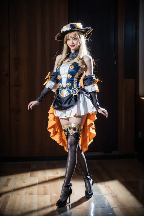 best quality, masterpiece, photorealistic, 1girl, solo, standing, full body, (looking at viewer:1.2), closed mouth, smile, navia cosplay costume, blonde hair, hat, cosplay, navia, dress, detached sleeves, headwear, thighhighs, single glove, print legwear, ...
