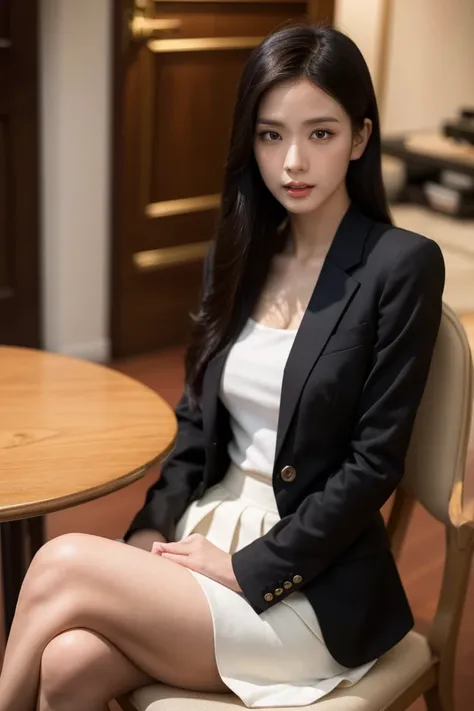 1girl,black ladies suit,white pleated skirt,sitting on the chair,best quality,masterpiece,illustration,an extremely delicate and beautiful,CG,unity,8k wallpaper,Amazing,finely detail,masterpiece,official art,extremely detailed CG unity 8k wallpaper,incredi...