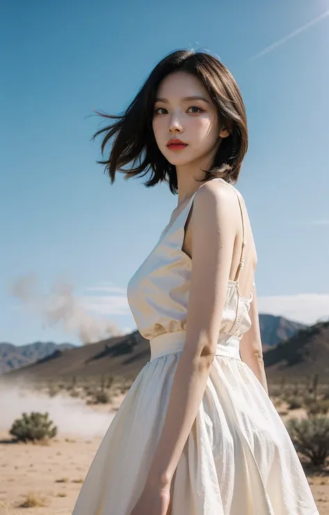 aespakarina,1girl, dynamic angle, desert, (cactus) in the foreground, white dress, with golden accessories,light tracing, (windy dust:1.2) in the foreground,(floating hair:1.1),
hot sun,(cowboy shot),professional model,
(photorealistic:1.4), official art, ...