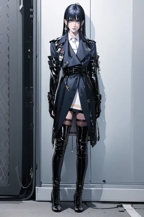 full body,1girl,solo,rohu,collared shirt,thigh boots,uniform,white necktie,coat,elbow gloves,(thighhighs under boots),belt,grey clothes,jewelry,earrings,zettai ryouiki,looking at viewer,<lora:ProjectRohu-000008:1>,high heel boots,lace-up boots,block heel,